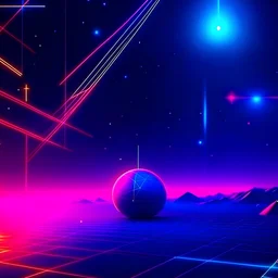 lonely star in the sky with planets and galaxies ,real synthwave style, with neon