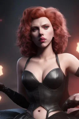 Scarlett Johansson as evil queen in black leather gown, cleavage, angry, stern look unreal 5, octane render,cinema4d, dynamic lighting, dramatic lighting, 4k, redshift render, highly detailed, hyper realistic