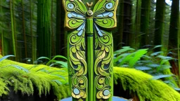 An olive green nature elemental butterfly designed in pacific Northwest totem poles painted by Hashimoto Gaho