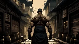 Create an illustration capturing Ma Dong Seok as he faces off against his opponent, emphasizing his back view. Ma Dong Seok, a seasoned fighter known for his imposing stature and physical strength, stands tall and composed, his muscular back facing the viewer as he confronts his adversary. The scene is set in an urban environment, perhaps a dimly lit alleyway or a gritty street corner, adding to the intensity of the confrontation. Ma Dong Seok's opponent, though unseen, is suggested by their sh