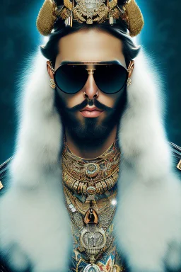 Artistic photo in the audacius style of Jill Greenberg, of man with a luxurious and striking style, abundance of jewelry, oversized sunglasses, neat black beard, feminine manirism, prints, desafiant, extravagant, barroque escene , impasto style with thick texture