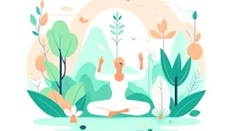 Create a Big and bold illustration with white background for a yoga and well-being website. Use a soothing color palette and depict a tranquil yoga scene with a yogi in several yoga poses surrounded by nature.