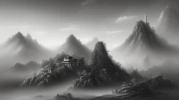 Tranquility landscape of hill on misty black ink watercolor chinese paint art