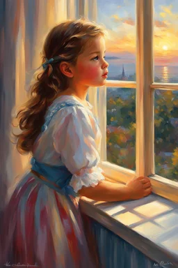 a painting of a little girl looking out a window, painting vladimir volegov, volegov, girl watching sunset, beautiful fantasy painting, dream scenery art, romanticism painting, tomas kinkade, the girl on a windowsill, gorgeous digital painting, gorgeous painting, beautiful digital painting, atmospheric painting, very beautiful digital art, breathtaking digital art, by Mark Arian