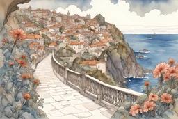 Madeira flower island village line art in the style of Aubrey Beardsley and watercolor in the style of Arthur rakham, View onto the ocean, cobbled walkways extremely detailed intricate vibrant beautiful dynamic lighting fantastic view high definition crisp quality Alphonse Mucha watercolor
