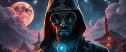 portrait of inter-galatic handsome power broker spy, the first nation, witchcraft, cyberpunk village, sci-fi, strange chrome vessels, volume light from stars through clouds, goa trance poster