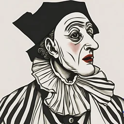 A Pierrot (the sad clown), with a heavily painted white face, wearing a loose, white tunic with three large black buttons, an oversized black accented ruffled collar, and long sleeves, a tight black dunce hat on his head, french mime, his expression is sad, lonely, and embodies artistic sentiment, the foreground and background slowly and subtly in a liminal space seem to merge, the clown as an elevated art form, modern art, conceptual performance art, storybook like illuatration, Beardsley, very