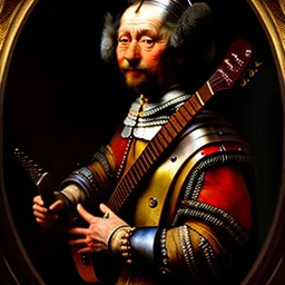 rembrandt painting of an alien playing a guitar, 6 strings, fingers