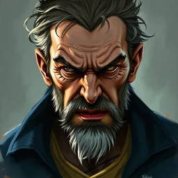 dnd, fantasy, handpainted, renaissance, large strokes, stylistic, portrait, illustration, artistic, professional illlustration, male, face, weathered face, sly, violent, evil, vigorous, rogue, criminal