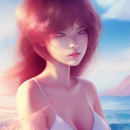 beautiful girl day, sunny, relaxing, sea, trees, real details anime style, realistic, glowing beach