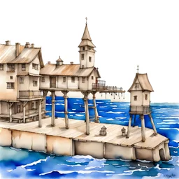 detailed sketch of stone buildings on stilts upon a bustling pier in watercolors and sepia ink