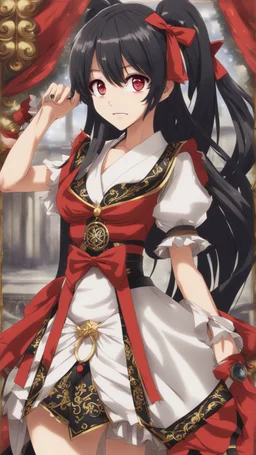 Tokisaki Kurumi appears to be elegant and has very polite manners, ivory skin and long, evil smile, crazy smile, black hair usually tied in long twin tails, deferent Eyes colors, right eye is red-tinted color, left eye appears as a golden color, inorganic clock face, a girl with astonishing beauty, wearing her astral black and red dress 'Elohim', left golden eye, intricate details, highly detailed, date a live anime art style