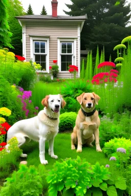 Two dogs, a garden, a house.