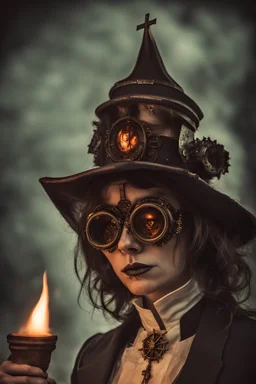 exorcist, burning church, steampunk portrait