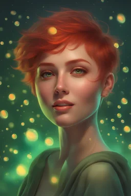 3D Bubbles, Floating hearts with an electrical current, fog, clouds, somber, ghostly mountain peaks, a flowing river of volcanic Lava, fireflies, a close-up, facial portrait of a totally gorgeous woman with short, buzz-cut, pixie-cut red hair tapered on the sides, wide open, green eyes, smiling a big bright happy smile, in the art style of Boris Vallejo