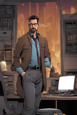 Male, 40 years old, geek, cyberpunk, brown hair, wearing an chemise and pants, background office, computer, comic book style