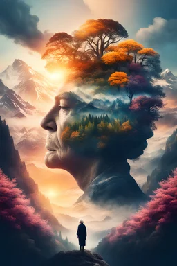 double exposure human-nature, trees, flowers, mountain, sunset, nature mind, expressive creative art, surrealistic concept art, ethereal landscape in a cloud of magic coming out the top of a human head, old woman, incredible details, high-quality, flawless composition, masterpiece, highly detailed, photorealistic, 8k sharp focus quality surroundings