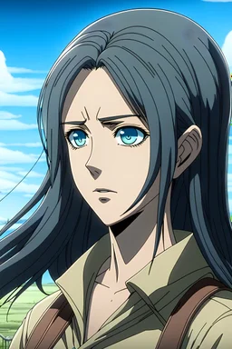 attack on titan screenshot of a woman she has dark blue and black long hair she is a teenager after serving there are moles on the left side of her face with a beautiful background screenshot of the mappa studio high quality