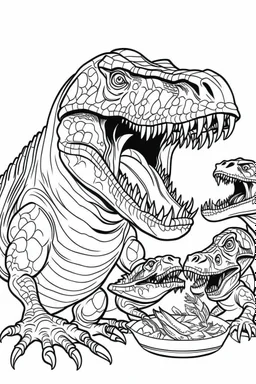 A coloring page, white background T-Rex regurgitating food for its hungry offspring, with the babies eagerly feeding from their parent's mouth. ink drawing clipart, simple line illustrations, colored