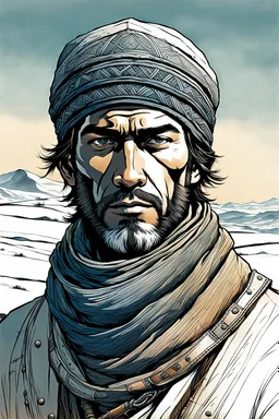 create a front facing, portrait illustration of an young, otherworldly lost Siberian nomadic wanderer with highly detailed, sharply lined and deeply weathered facial features in a desolate tundra steppe landscape in the comic art style of Enki Bilal, precisely drawn, finely lined and inked in natural winter tundra colors