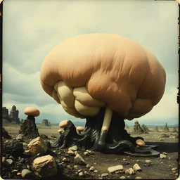 Photography polaroid close-up of a random landscape with massive odd Yves Tanguy incomprehensible style Surrealism, glossy, organic, creepy tumor mass growing, strong texture, fiotti di liquido nero, horror, panic, obsessive, hypnotic