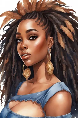 create a watercolor illustration of a curvy black female wearing Tight blue jeans and a hazel brown off the shoulder blouse. Prominent make up with long lashes and hazel eyes. She is wearing brown feather earrings. Highly detailed long black shiny dread locs in a bun that's flowing to the side.