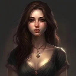 pretty girl, aged 19, brown hair, conventionally attractive, curvy, tight top, fit, necromancer, realism