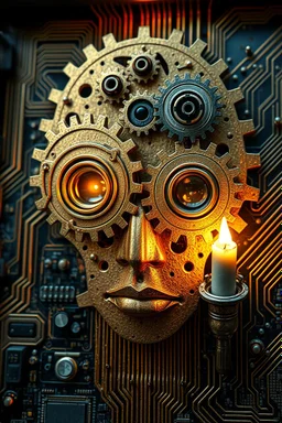A mechanical click gears in the shape of humane Al Face with golden texture reflecting a dim light from a candle source, Dali style , Busch painting style with computer motherboard filled with chips and electronic components in the background .with to cameras lenses as Eyes