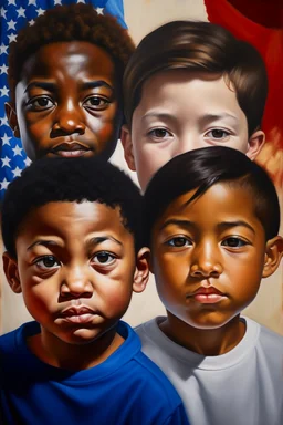 an expressive painting of 4 faces , a European , and African , and asian , and Hispanic, boys together in a painting, with American flag in the background, we might see a companion with features of absolute strength and determination, blended with warmth and deep faith. Perhaps his face expresses wisdom and courage, with eyes radiating confidence and faith.