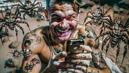 shirtless guy with creepy smile watching censored videos on smartphone surrounded by tiny crabs