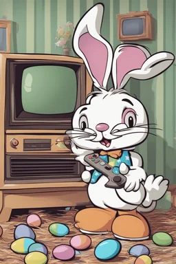 A photo of the easter bunny playing a video game in front of an old tv set