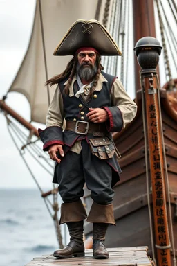 ,make a pirate but very realistic. Make it wearing a pirate dress standing by the ship stern