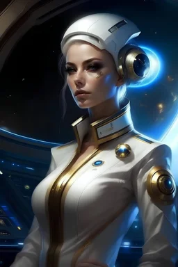 Belle femme galactique commandante en chef d'une flotte de vaisseaux galactiques de lumières blanches