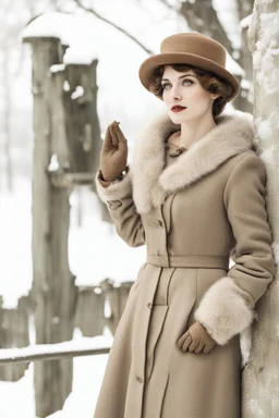 Portrait of a vintage woman in winter half body on a white background