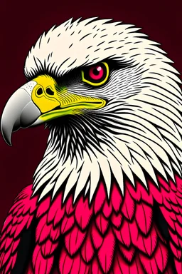 grey background; blood red, white animated eagle who's just eyes and beak are in focus. the eagle is looking down