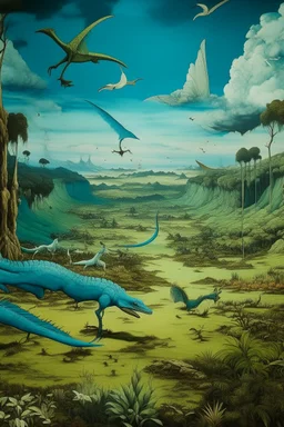 A greenish blue prehistoric wasteland with pterodactyls designed in Indian Gond art painted by Utagawa Hiroshige