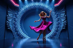 modern stage with gray-blue theme artistic decoration , color full dynamic lighting, a beautiful lady in modern maxy dark purple red dress with shining silver jwells dancing, 3D recursive fractal structure animating background