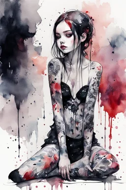 Petit girl goth many tattoos on his body, siting, fullbody, watercolor illustration by <agnes cecile>, darkred tones,