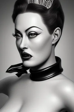 Joan Crawford as evil queen in black leather, busty, cleavage, dominatrix, curvy, angry, stern look. unreal 5, octane render, cinema4d, dynamic lighting, dramatic lighting, 4k, redshift render, highly detailed, hyper realistic,anthropomorphic