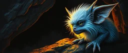pen outline with some neon airbrush, glowing quickling gremlin in the shadows with long fluffy white fur looking at awesome glowing cave painting, pin hole camera, in the style of Rembrandt