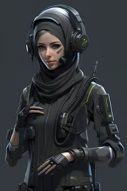 a cyber punk hyper female hijaber robot, headphone, full body Raw, weapon, 8k, Soldier indonesia, modern, high tech