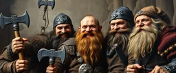 pin hole cam, master oil painting by Rembrandt, family portrait of smiling bad ass warrior clad muscle sturdy buildt deep rock metal dwarves in fine clothes and with pickaxes laughing