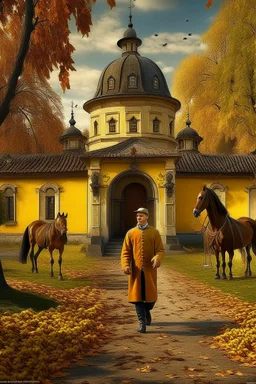 Fascinating, ultra-realistic nature in the photo. Golden autumn. A 32-year-old man in 19th-century Russian clothes walks towards the horses with his head raised to the sky, a smile on his face. In the background, the Russian estate of a 19th-century nobleman and three horses stand at the outhouse.