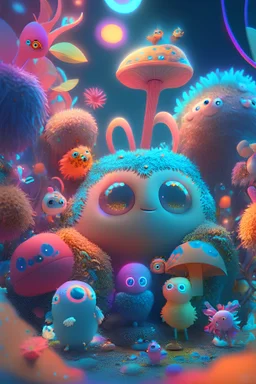 A magical children's world with strange and cute creatures. colorful and magnificent, majestic, detailed, ultra high resolution, 8k, complex 3d render, ultra sharp focus, cinema 4d lighting