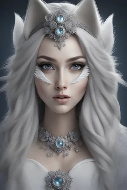 female wolf character portrait with long hair and a large eye, in the style of sculptural costumes, solarization effect, light white and light indigo, matte photo, photo-realistic techniques, fawncore, monochromatic white figures, Cinematic lighting, Volumetric lighting, Epic composition, Photorealism, Bokeh blur, Very high detail, Sony Alpha α7, ISO1900, Character design, Unreal Engine, Octane render, HDR, Subsurface scattering