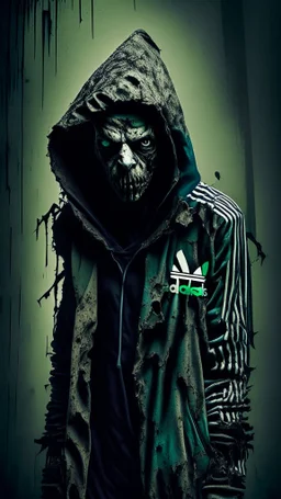 Create an ultra-wide photo of a decrepit zombie wearing an Adidas coat and hood, set against an abstract background. The overall style of the image should be a minimalist fashion with an Artgem twist. The zombie should be rendered in a decrepit and cadaveric style, with a focus on creating a sense of horror and decay. The Adidas coat and hood should be rendered in high detail, with a focus on capturing the texture and style of the clothing. The background of the image should be an abstract desig