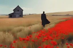 Dufaycolor photo of alone human figure in field, blooming poppies, lonely wooden and abandoned house in distance, watercolor style, professional camera (zoom), Canon EOS R5, edge lighting, cinematic lighting, translucency, extrusion and gradient value change, specular attenuation and contrast, strong ambient occlusion overlay, depth parallax, photorealistic, 4K, 3D