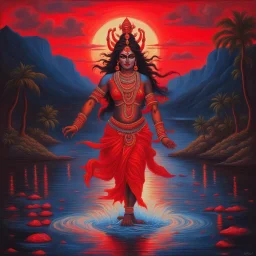 An oil painting of goddess Kali crossing a lake neon red colors