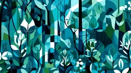 A digital illustration of an abstract garden. Style is geometric and expressionist. Colors are strong blue, dark green and light grey.