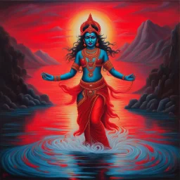 An oil painting of goddess Kali crossing a lake, neon red colors